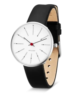 ARNE JACOBSEN BANKERS 34MM STÅL OG SORT LÆDER - 53101-1601