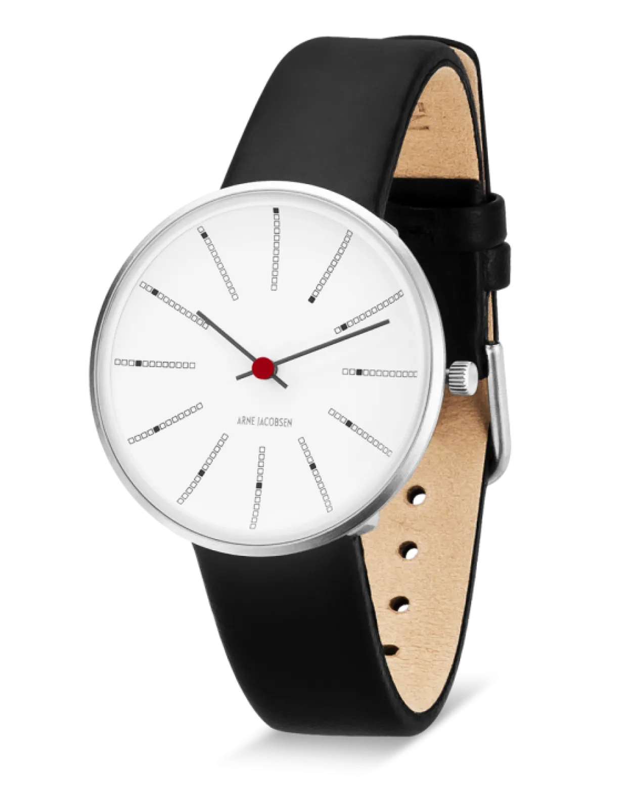 ARNE JACOBSEN BANKERS 34MM STÅL OG SORT LÆDER - 53101-1601